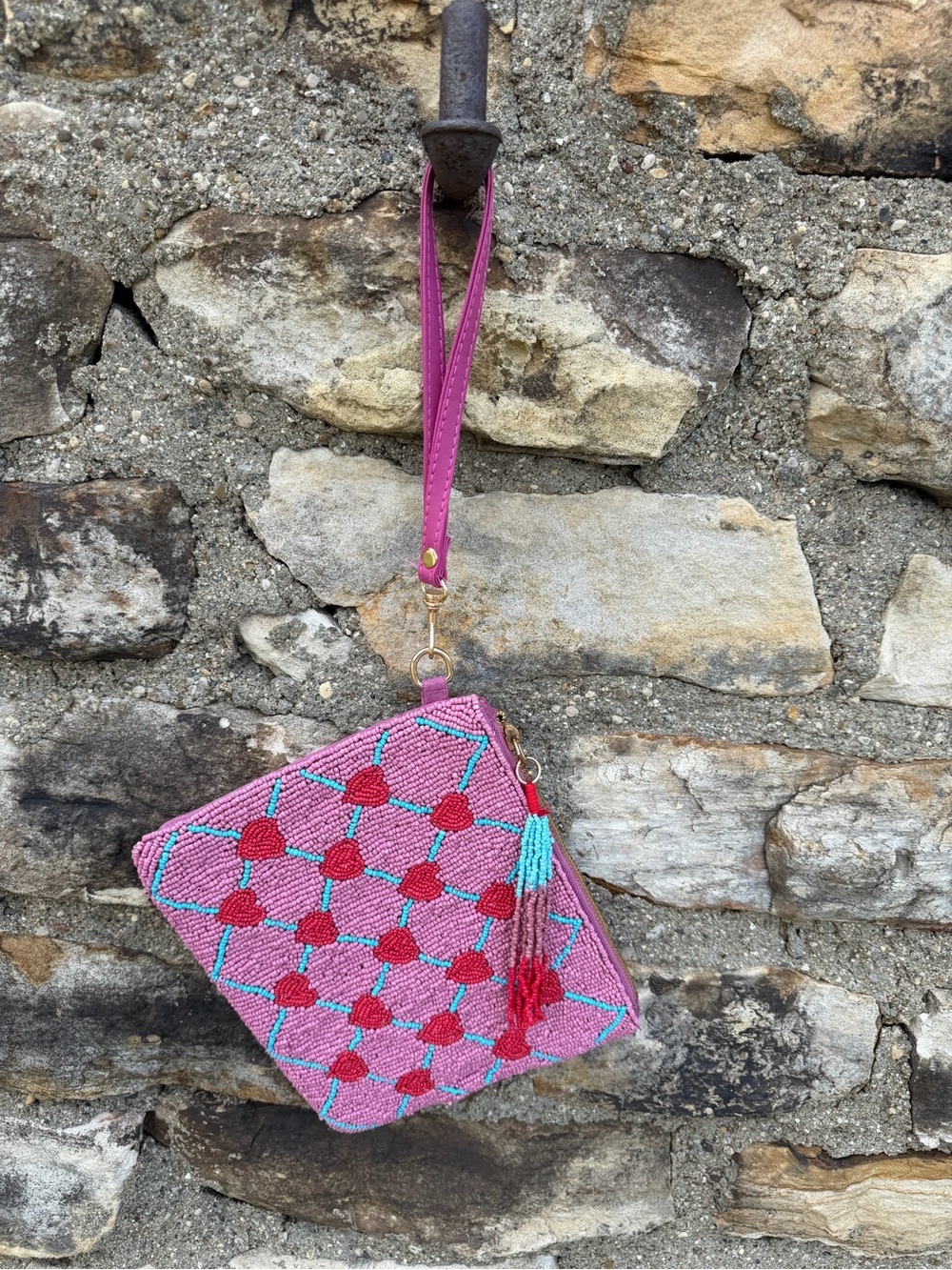 Pink Beaded Heart Wristlet Clutch with Tassel Sincerely Jules